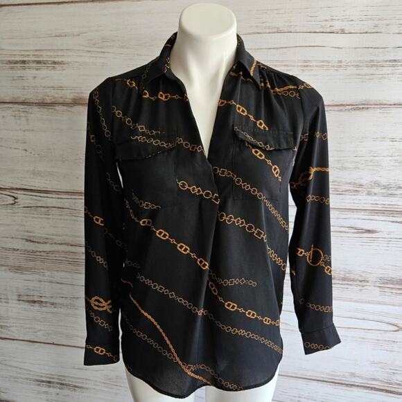 Ann Taylor Black Button Down Chain Link Print Blouse sz XS Petite - Picture 1 of 6